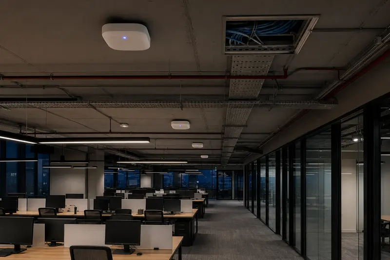 Long coworking floor with distributed access points and exposed cable tray.