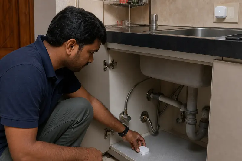A wireless leak sensor is tested below an Indian kitchen sink with repeater away from plumbing.