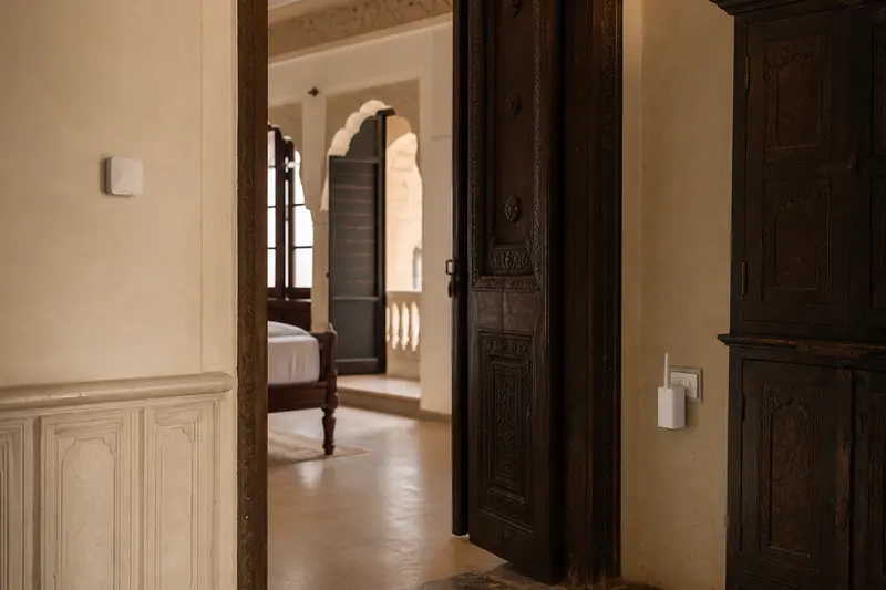 Jaipur haveli interior uses discreet wireless temperature sensing and mesh repetition.
