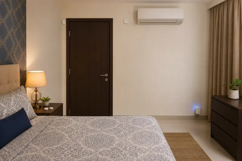 Bedroom wireless retrofit combines tactile buttons, contact sensor, temperature sensor and repeater.