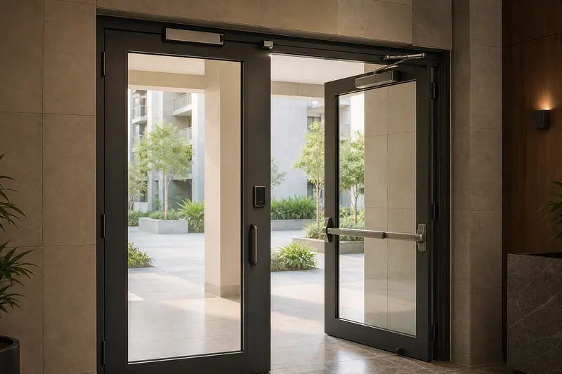 Apartment clubhouse controlled double doors with independent closers and panic egress.