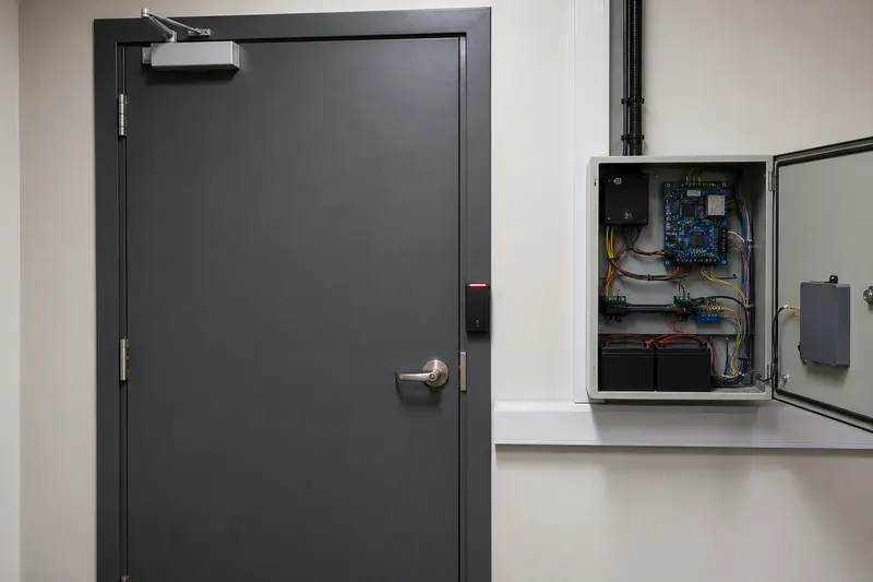 Secure records-room door beside a low-voltage access controller and backup batteries.