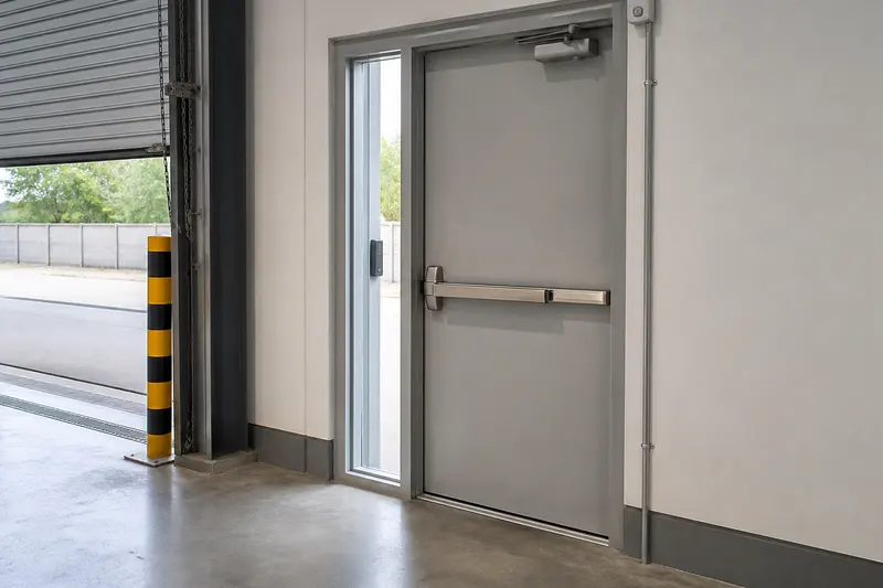 Warehouse staff exit viewed from the panic-bar side beside a separate loading bay.