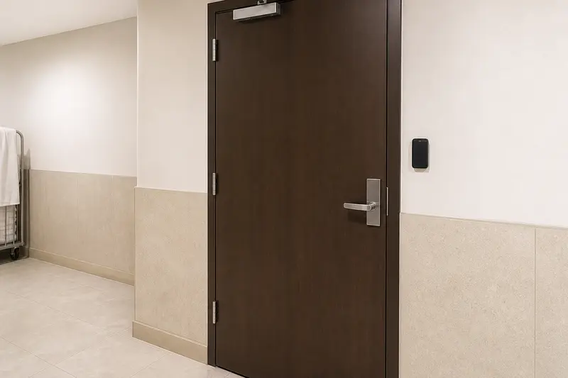 Hotel service door with explicit hinge-left, latch-right and reader-right geometry.