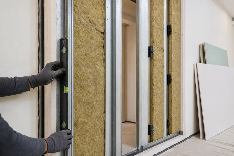 Mineral-wool acoustic partition installation in an Indian interior renovation.