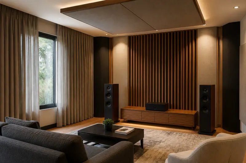 Finished listening room with absorbers, timber slats, ceiling cloud and soft furnishings.