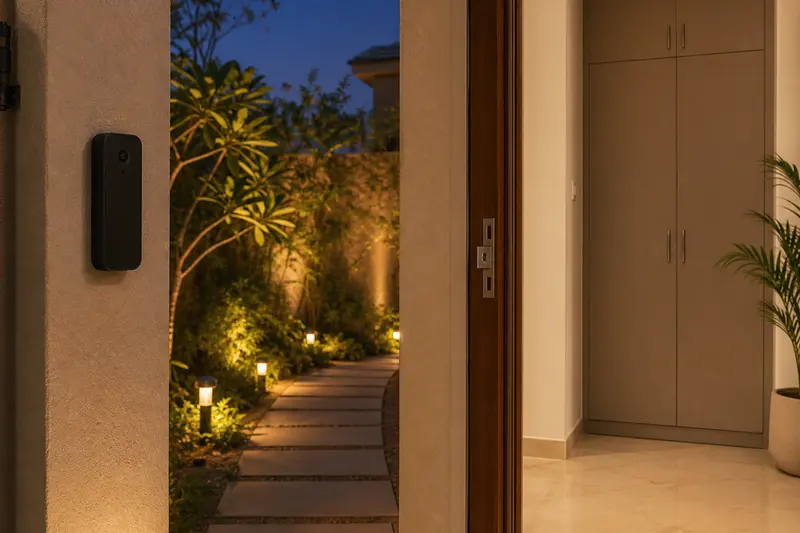 Jaipur home entrance with privacy-conscious access, sensing and pathway automation.