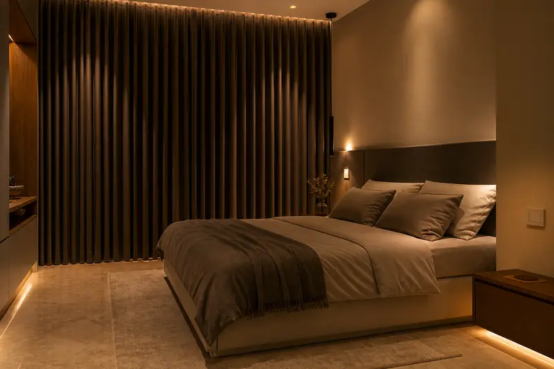 Indian apartment bedroom with adaptive curtains, occupancy sensing and night lighting.