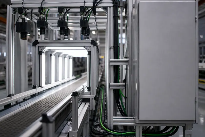 Industrial vision-inspection tunnel with controlled lighting and closed edge cabinet.