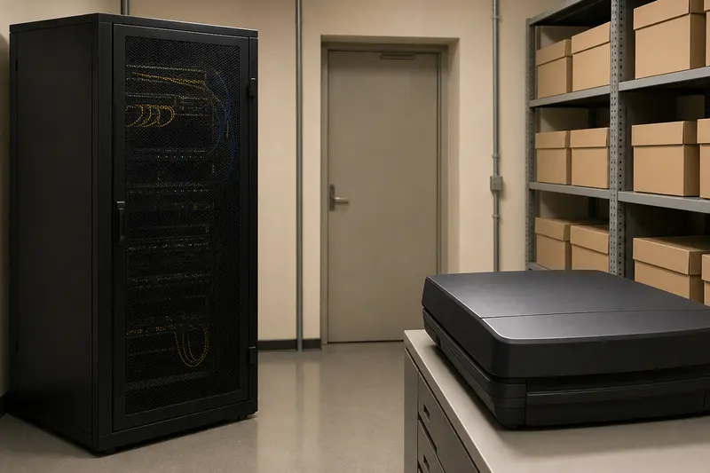 Records room with local server, blank document scanner and unmarked archive boxes.