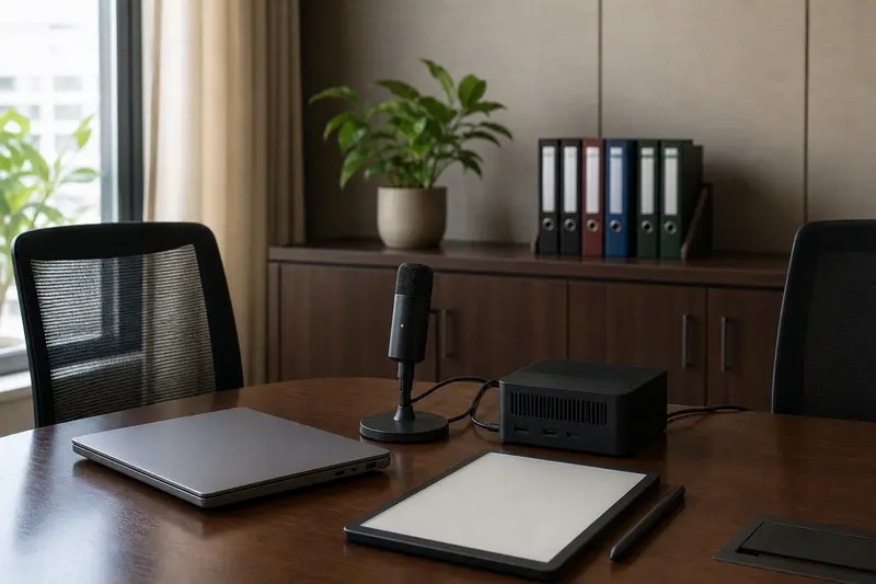 Private meeting setup with blank tablet, microphone and local compute device.