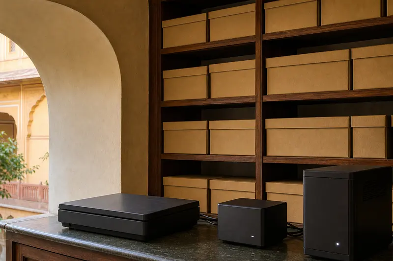 Unmarked archive boxes with closed scanner and local storage in a heritage hotel office.