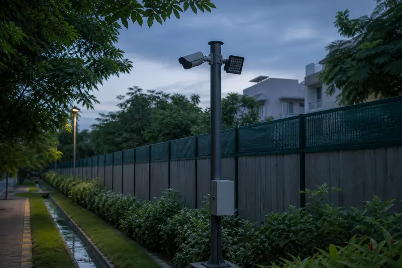 Privacy-conscious campus fence-line camera with separate IR illuminator.