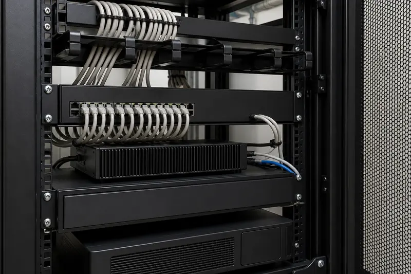 Edge-analytics rack with PoE, inference, storage and UPS chain.