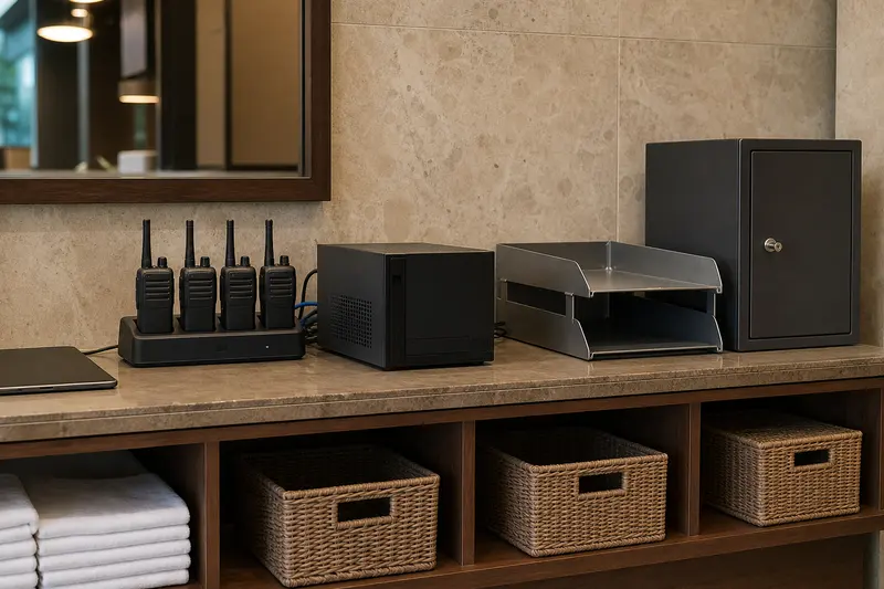 Hotel operations shelf with radio charging, local compute, empty trays and secure cabinet.