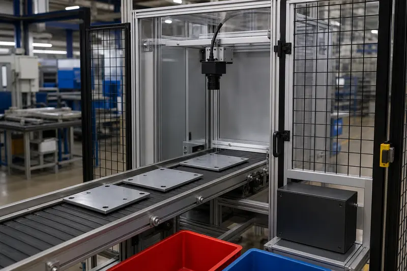 Guarded machine-vision inspection cell with neutral parts and separate plain totes.