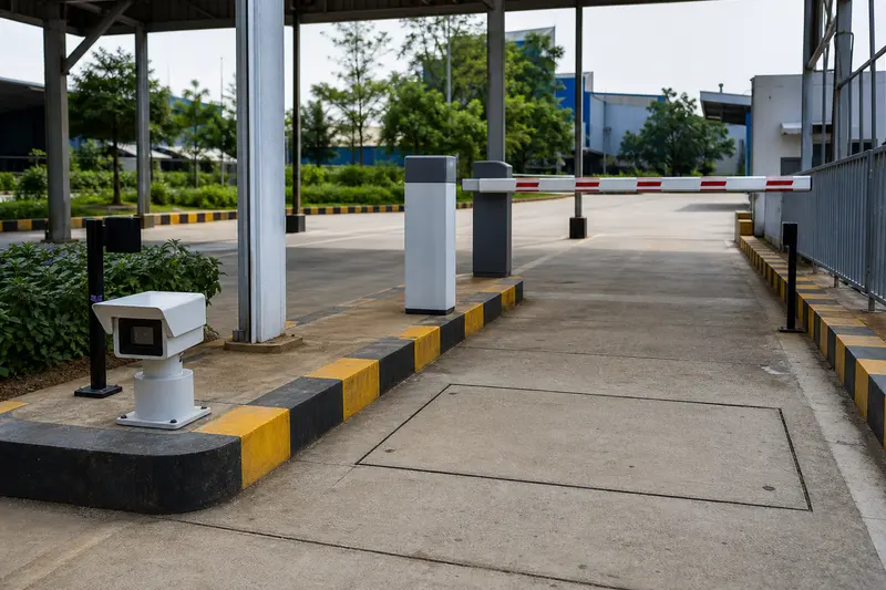 Industrial exit sequence of plate camera, loop and downstream barrier.
