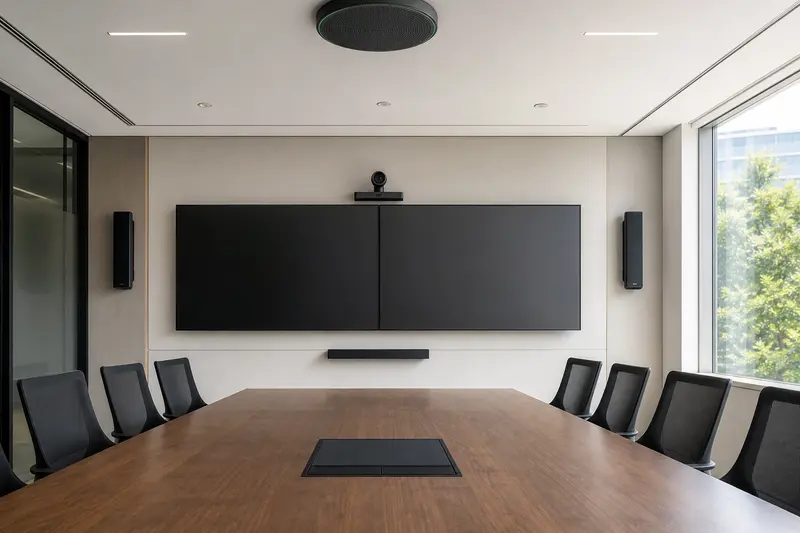 Boardroom with blank displays, camera, beamforming microphone and integrated speakers.