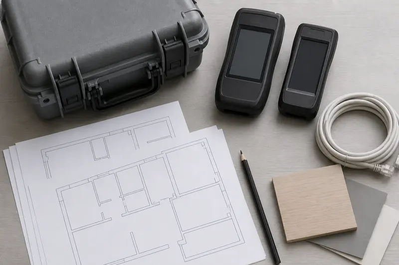 Blank meters, network lead, room-outline plans and material samples form a survey kit.