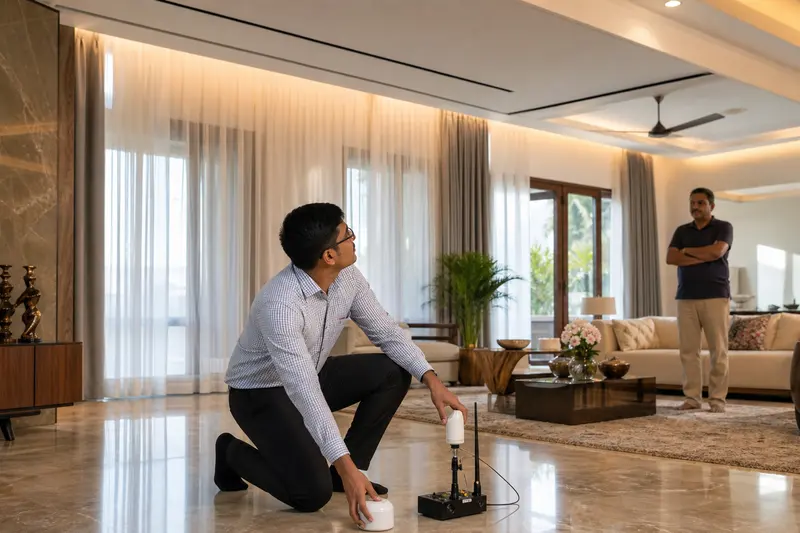 Consultant measures wireless and daylight conditions in an occupied Indian villa.