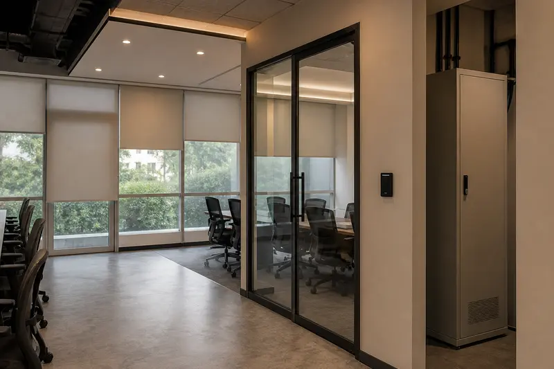 Office with automated blinds, zoned lighting, access reader and local controller cabinet.