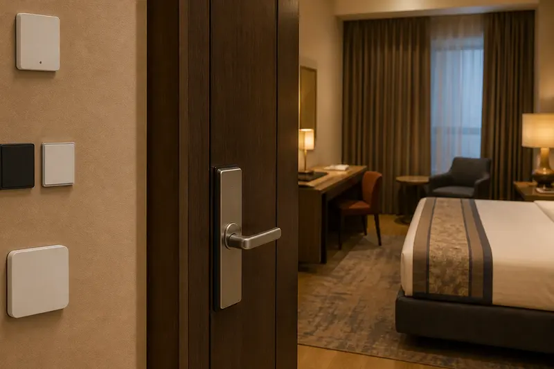 Hotel room threshold with blank access, occupancy and climate automation hardware.