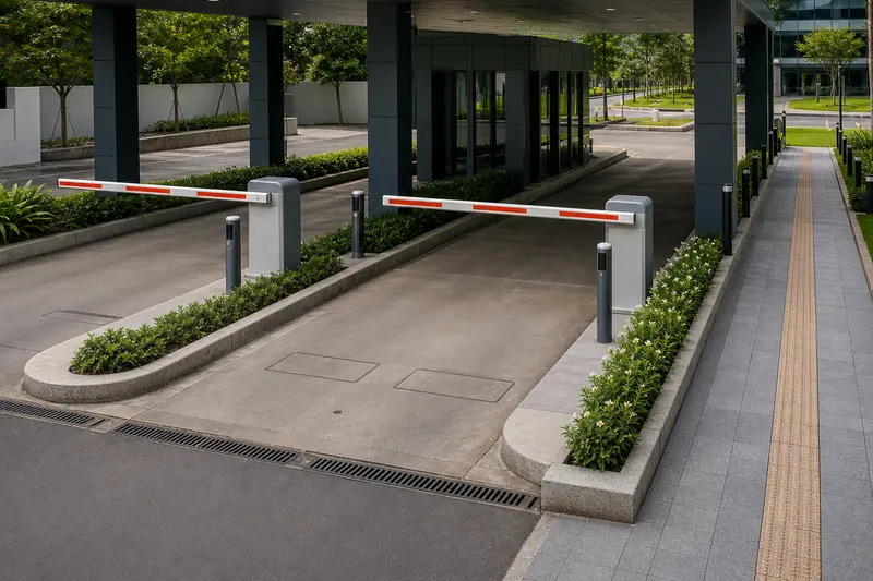 Twin office vehicle lanes beside a tactile accessible pedestrian route.