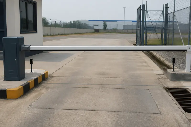 Single supported long-arm logistics barrier with industrial safety devices.