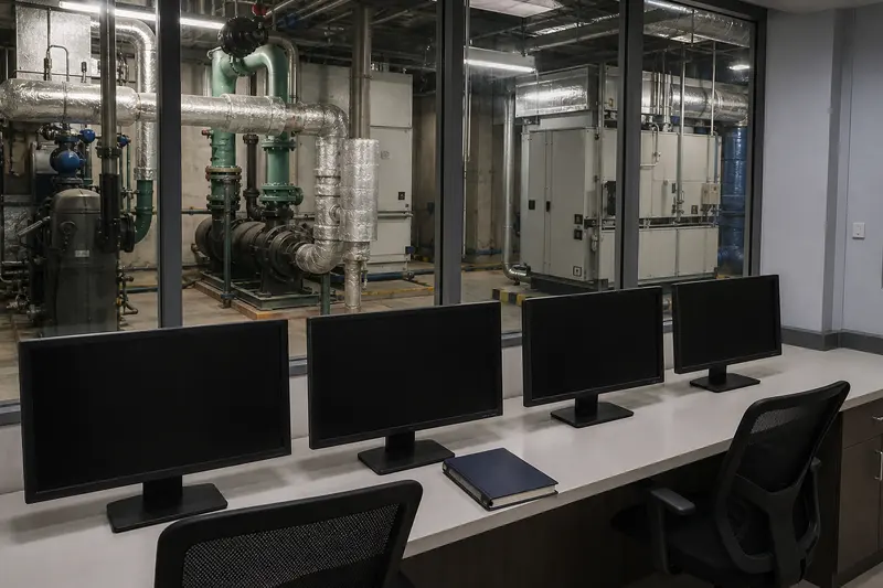 Blank operator station overlooks an extensive commercial mechanical plant.