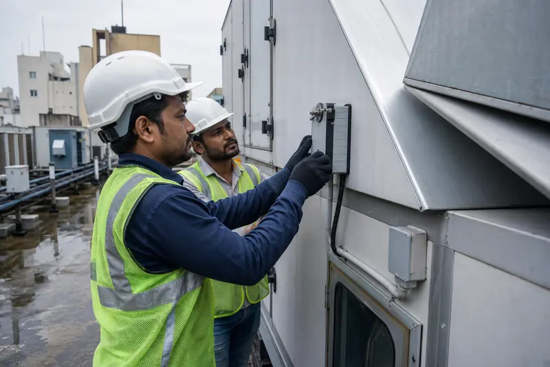 Rooftop technicians inspect an AHU sensor and actuator assembly.