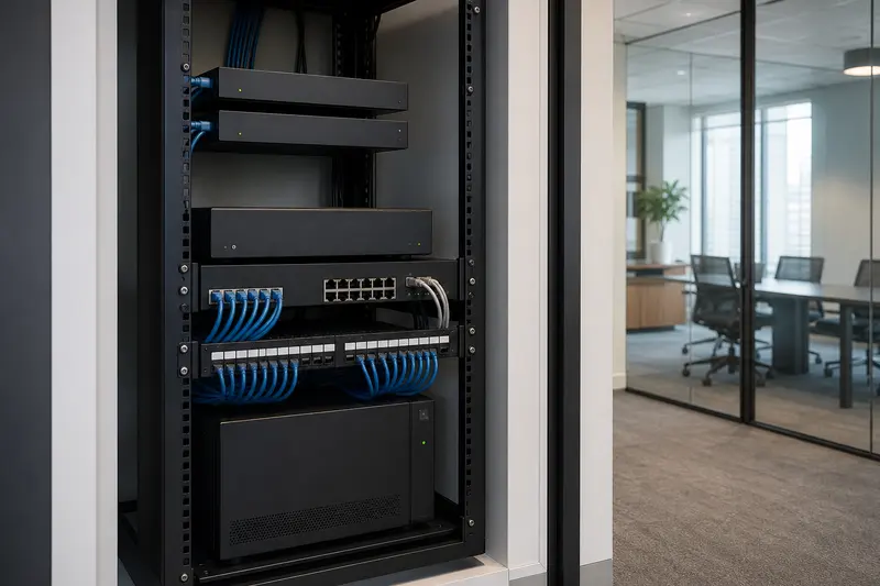 Unmarked business network rack beside a meeting room, with dual terminations, switching, patching and UPS.