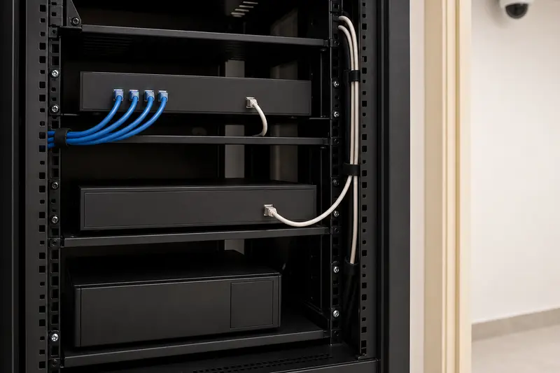 Small-office camera-to-PoE-switch-to-NVR rack topology.