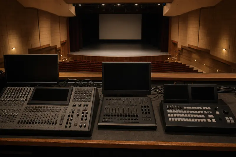 Front-of-house booth combines mixing, lighting and video controls with all displays off.