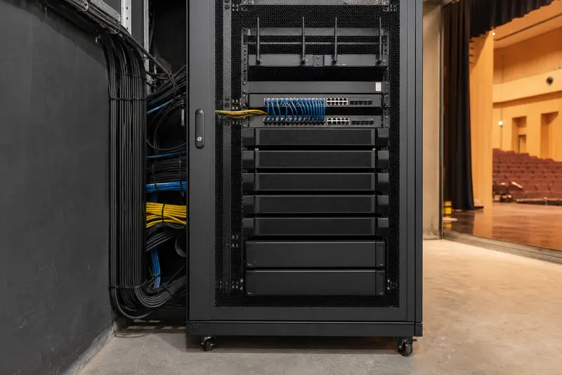 Backstage locked rack supports auditorium network, processing and amplification.