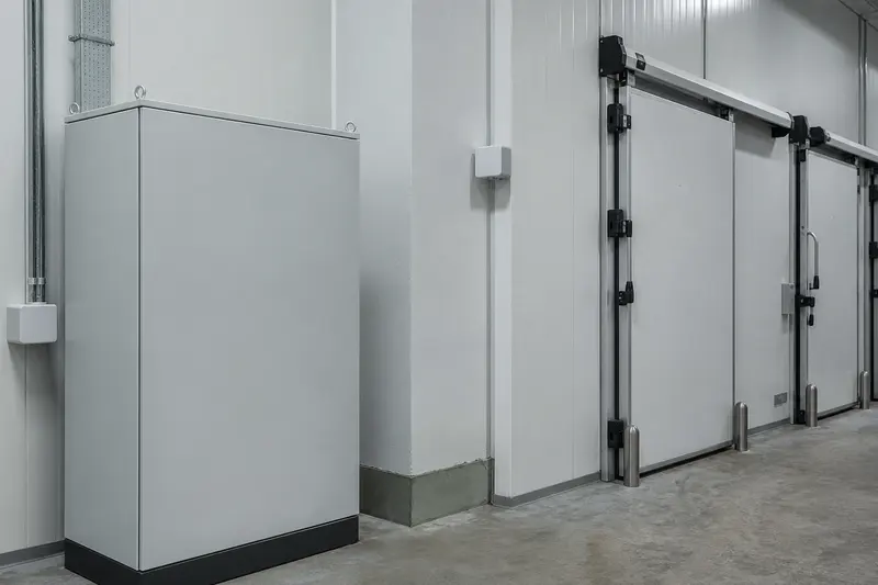 Cold-chain corridor with closed edge cabinet and environmental sensor housings.