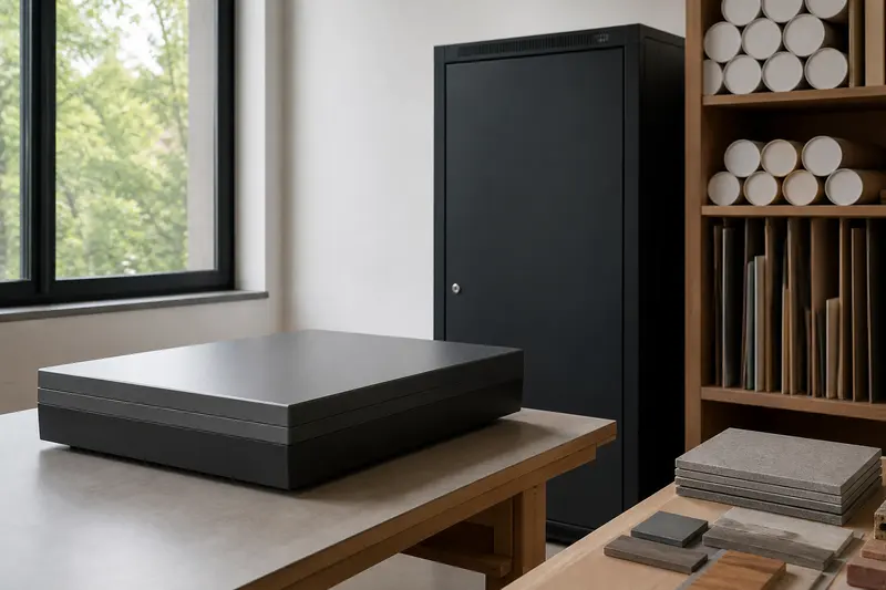 Architecture studio with closed plan scanner, local server cabinet and material library.