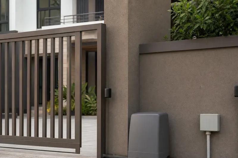 Featureless gate motor cover, safety photocells and junction box support an integrated villa entrance.