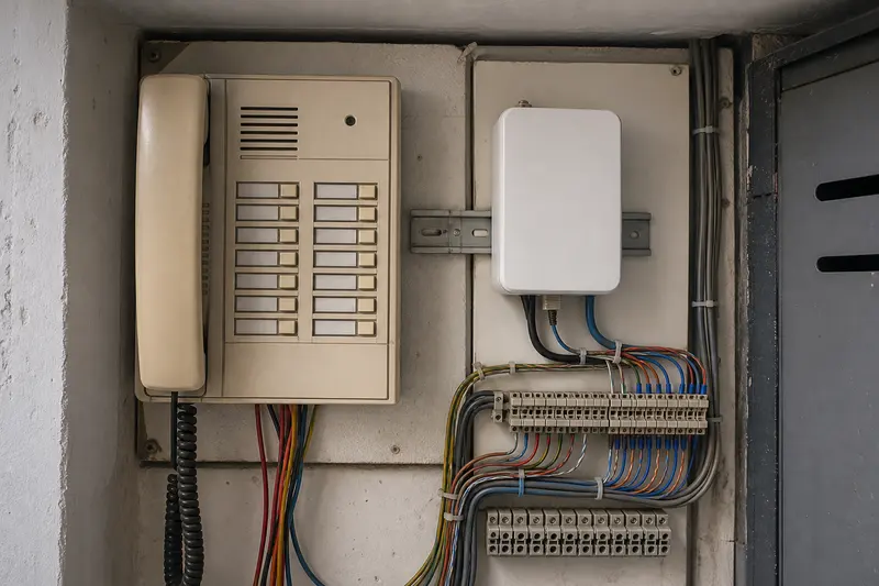 Legacy apartment intercom distribution is bridged to a compact local gateway.