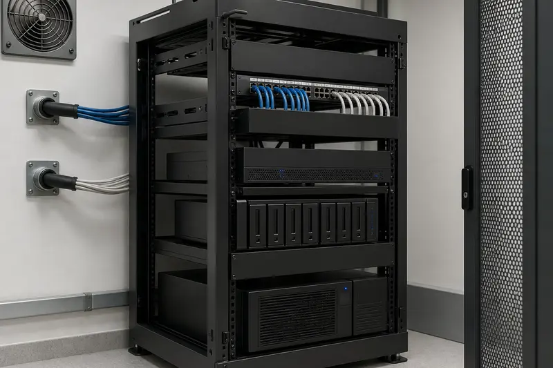 Private-cloud rack with storage, protected power and diverse cable-entry paths.