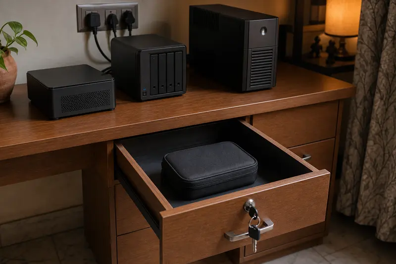 Home private-storage devices beside a lockable drawer containing an offline backup case.