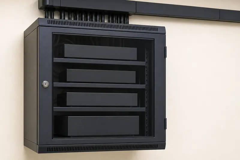 Closed glass-door office NVR cabinet with protected top conduits.