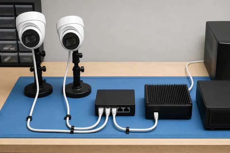Two-camera local-NVR commissioning bench with switch, compute, storage and UPS.
