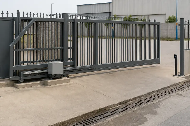 Trackless industrial cantilever gate with counterbalance tail and motor rack.