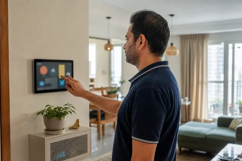 A local wall dashboard controls an Indian apartment while the hub remains on site.
