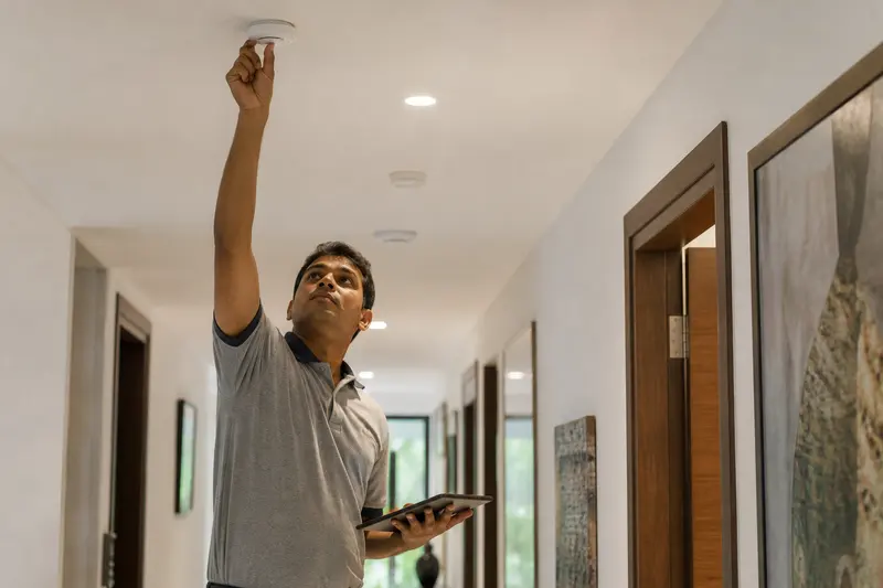 Indian technician commissioning a ceiling-mounted presence sensor in a home corridor