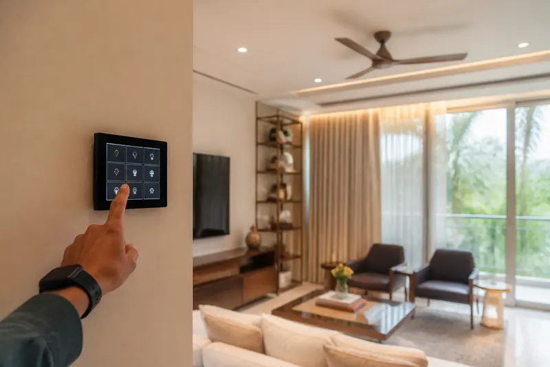 Resident using a wall scene keypad in a contemporary Indian living room