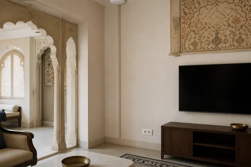 Heritage-sensitive network retrofit in a haveli room.