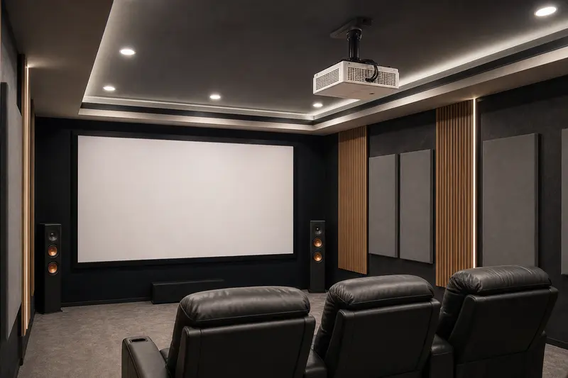 Ceiling projector aligns with a blank screen in an acoustically treated Indian home cinema.