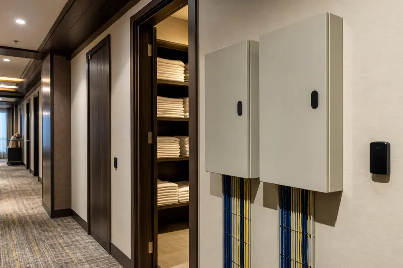 Hotel service corridor with closed automation cabinets, access readers and low-voltage cabling.