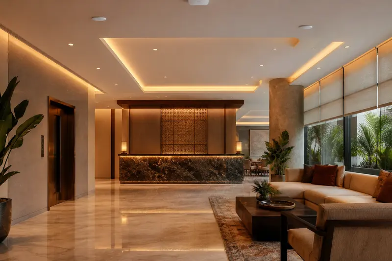 Boutique hotel lobby with zoned lighting, wireless coverage, audio and motorized shades.